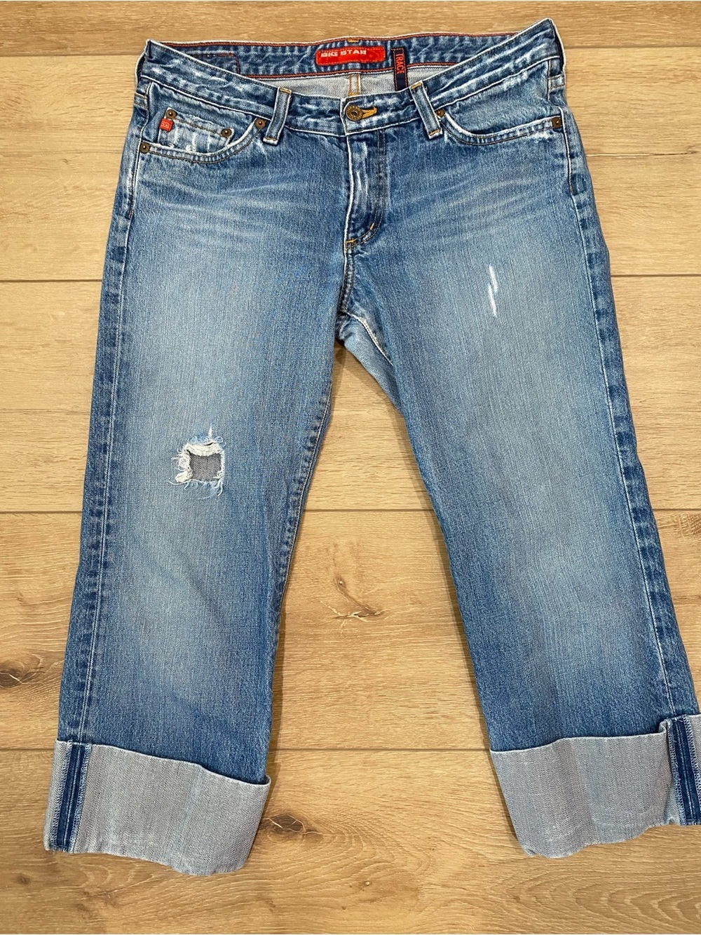 Big Star Trace Jeans 30R Made in USA Distressed Cuffed Cropped Capri Y2K Denim